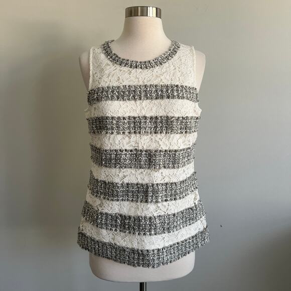 J.Crew Lace Grey Fringe Striped Sleeveless Blouse Cream Small NWT - Picture 1 of 7